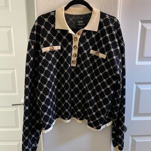 Ell and Emm black monogram collared knit top
